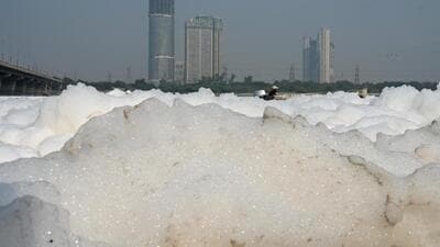 Thick layer of froth seen in Yamuna. (Sunil Ghosh/HT) Thick layer of froth seen in Yamuna. (Sunil Ghosh/HT)