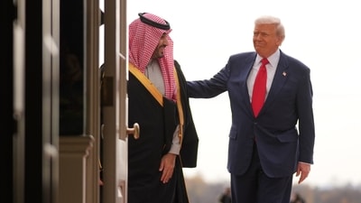 President Donald Trump welcomes Saudi Arabia's Crown Prince Mohammed bin Salman to the White House, Tuesday, Nov. 18, 2025, in Washington.&nbsp; (AP)