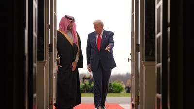 President Donald Trump welcomes Saudi Arabia's Crown Prince Mohammed bin Salman to the White House, Tuesday, Nov. 18, 2025, in Washington. (AP)