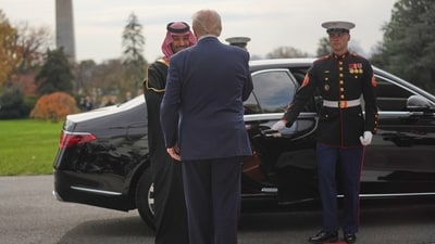President Donald Trump welcomes Saudi Arabia's Crown Prince Mohammed bin Salman to the White House, Tuesday, Nov. 18, 2025, in Washington.&nbsp; (AP)