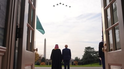 President Donald Trump and Saudi Arabia's Crown Prince Mohammed bin Salman watch a flight of F-35's and F-15's fly over during a welcome ceremony on the South Lawn of the White House, Tuesday, Nov. 18, 2025, in Washington. (AP)