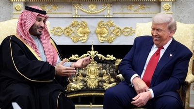 Donald Trump and Saudi Crown Prince and Prime Minister Mohammed bin Salman laugh during a meeting in the Oval Office at the White House in Washington, D.C., U.S., November 18, 2025. (REUTERS)