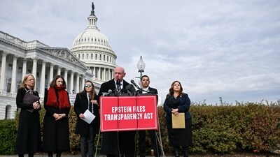 U.S. Senator Mark Kelly (D-AZ) speaks at a press conference with U.S. Representative Adelita Grijalva (D-AZ) calling for the release of the Epstein files on Capitol Hill in Washington, D.C., U.S., November 18, 2025. (REUTERS)