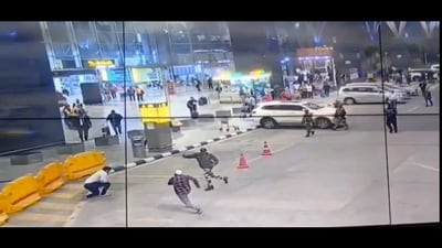 The incident took place around midnight on November 16 at the Terminal 1 arrival area, and was captured on CCTV cameras. (X/@CISFHQrs) The incident took place around midnight on November 16 at the Terminal 1 arrival area, and was captured on CCTV cameras. (X/@CISFHQrs)