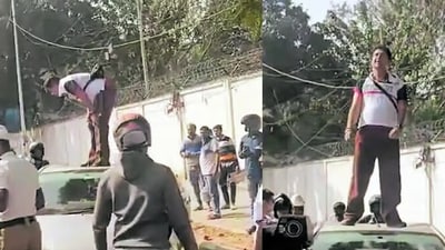Santosh Kumar, an unemployed man in his 30s, suddenly climbed onto the roof of the cab he was travelling in. (X/@karnatakaportf)