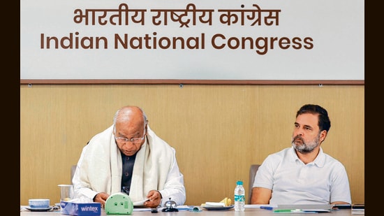 Congress President Mallikarjun Kharge and Lok Sabha Leader of Opposition Rahul Gandhi during a meeting with senior party leaders from 12 states, where the SIR is underway, at Indira Bhawan in New Delhi on Tuesday. (AICC)