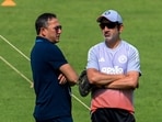 Gautam Gambhir and BCCI selector Ajit Agarkar in conversation at the Eden Gardens.