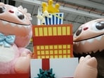 A new Thanksgiving Day float featuring Pop Mart's Labubu, right, and Mokoko are displayed during a press preview of the new floats at Macy's Parade Studio in Moonachie, N.J., Tuesday, Nov. 18, 2025. (AP)