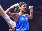 India's Nikhat Zareen after being declared the winner in the women's 51kg semi-final match against Uzbekistan's Ganieva Gulsevar India's Nikhat Zareen after being declared the winner in the women's 51kg semi-final match against Uzbekistan's Ganieva Gulsevar