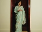 Sonam Kapoor flaunts mint-blue saree by Anamika Khanna.