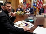 Ukraine's President Volodymyr Zelenskyy, left, sits before a lunch with President Donald Trump, from right, Vice President JD Vance and Treasury Secretary Scott Bessent earlier this year. (File photo.)
