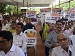 the Pagdi Ekta Sangh held a protest meeting at Azad Maidan on Tuesday (Anshuman Poyrekar/HT Photo)