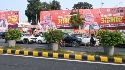 Posters installed outside the BJP office after NDA's victory in Bihar poll 2025, in Patna. (Rahul Sharma/ANI) Posters installed outside the BJP office after NDA's victory in Bihar poll 2025, in Patna. (Rahul Sharma/ANI)