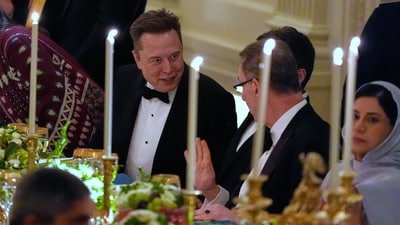 Elon Musk sits during a dinner with President Donald Trump and Saudi Arabia's Crown Prince Mohammed bin Salman in the East Room of the White House, Tuesday, Nov. 18, 2025, in Washington. AP/PTI(AP11_19_2025_000006B) (AP)