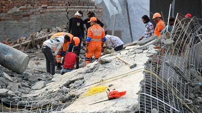 As of 5.30pm on Wednesday, teams from the National Disaster Response Force (NDRF), State Disaster Response Force (SDRF), Noida Police and the fire department were present at the spot to assist in the rescue of the remaining workers, police said. (Sunil Ghosh/HT Photo) As of 5.30pm on Wednesday, teams from the National Disaster Response Force (NDRF), State Disaster Response Force (SDRF), Noida Police and the fire department were present at the spot to assist in the rescue of the remaining workers, police said. (Sunil Ghosh/HT Photo)