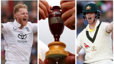 Ben Stokes, a replica Ashes urn and Steve Smith ahead of the first Ashes test. (REUTERS)