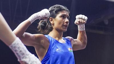 Nikhat Zareen after being Uzbekistan's Ganieva Gulsevar at the World Boxing Cup Finals 2025 in Greater Noida. (PTI) Nikhat Zareen after being Uzbekistan's Ganieva Gulsevar at the World Boxing Cup Finals 2025 in Greater Noida. (PTI)