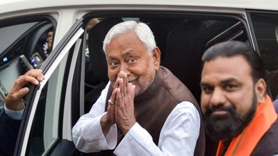 Nitish Kumar with BJP's Samrat Choudhary during inspection of preparations ahead of the swearing-in ceremony of the new Bihar Cabinet, at Gandhi Maidan, Patna. (PTI) Nitish Kumar with BJP's Samrat Choudhary during inspection of preparations ahead of the swearing-in ceremony of the new Bihar Cabinet, at Gandhi Maidan, Patna. (PTI)