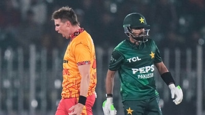 Brad Evans celebrates after taking the wicket of Babar Azam. (AP) Brad Evans celebrates after taking the wicket of Babar Azam. (AP)