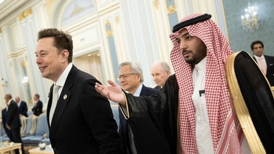 Elon Musk (left) and Nvidia CEO Jensen Huang (centre) are directed to greet the Saudi Crown Prince at the Royal Court in Riyadh on 13 May 2025. (File Photo/AFP) Elon Musk (left) and Nvidia CEO Jensen Huang (centre) are directed to greet the Saudi Crown Prince at the Royal Court in Riyadh on 13 May 2025. (File Photo/AFP)