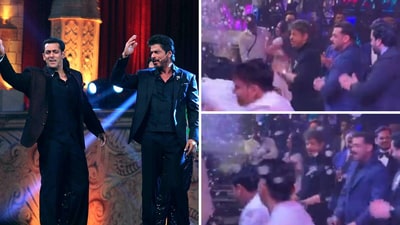 Salman Khan and Shah Rukh Khan dance at a recent event (right). Salman Khan and Shah Rukh Khan dance at a recent event (right).