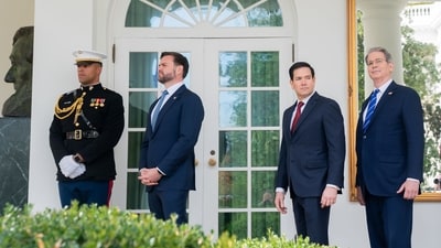 US Vice President JD Vance, from second left, Marco Rubio, US secretary of state, and Scott Bessent, US treasury secretary, prior to a meeting between US President Donald Trump and Mohammed bin Salman, Saudi Arabia's crown prince, not pictured, at the White House in Washington, DC, US, on Tuesday, Nov. 18, 2025.&nbsp; (Bloomberg)