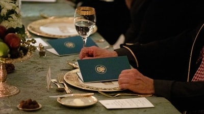 A place setting during a dinner with US President Donald Trump and Mohammed bin Salman, Saudi Arabia's crown prince, not pictured, in the East Room of the White House in Washington, DC, US, on Tuesday, Nov. 18, 2025. (Bloomberg)
