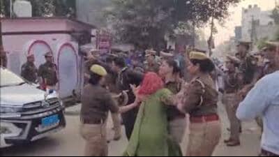 The suspensions were ordered days after the 30-year-old survivor, in a desperate bid for justice, pushed past nine policemen and threw herself in front of the moving car of Meerut Range DIG Kalanidhi Naithani outside Khurja police station last Thursday (Sourced) The suspensions were ordered days after the 30-year-old survivor, in a desperate bid for justice, pushed past nine policemen and threw herself in front of the moving car of Meerut Range DIG Kalanidhi Naithani outside Khurja police station last Thursday (Sourced)
