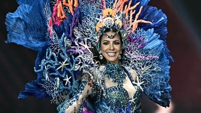 Miss Bonaire Nicole Peiliker Visser walks on stage during the 2025 Miss Universe national costume presentation in Nonthaburi, north of Bangkok. (AFP) Miss Bonaire Nicole Peiliker Visser walks on stage during the 2025 Miss Universe national costume presentation in Nonthaburi, north of Bangkok. (AFP)