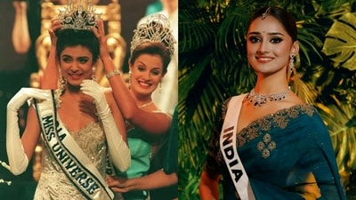 Sushmita Sen at the Miss Universe 1994 pageant; Manika Vishwakarma winner of Miss Universe India 2025 Sushmita Sen at the Miss Universe 1994 pageant; Manika Vishwakarma winner of Miss Universe India 2025