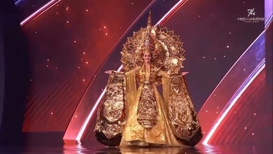Miss India Manika Vishwakarma's outfit is a tribute to a deeply important spiritual moment in Buddhist tradition: when the Buddha achieved enlightenment. (YouTube/ Miss Universe)