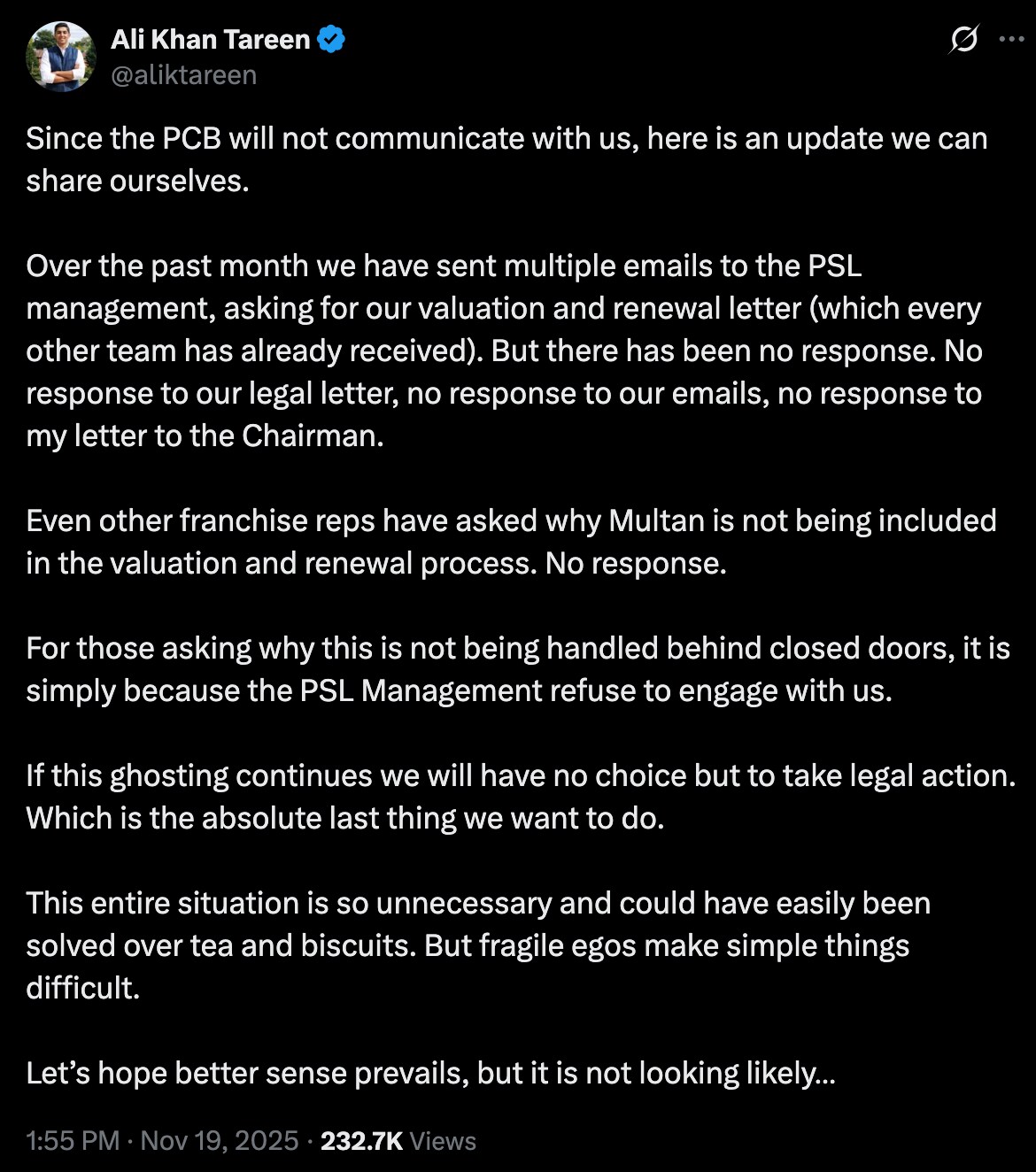 Screenshot of Ali Tareen's X post tearing down PSL management. (X) Screenshot of Ali Tareen's X post tearing down PSL management. (X)