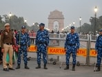 RAF personnel stand guard to maintain security at India Gate in New Delhi, on  November 17, 2025, a week after the Red Fort blast.