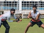 Washington Sundar and Sai Sudharsan take part in catching practice in India's warm-up session.