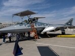 A Russian Sukhoi Su-57 stealth multirole fighter aircraft at the Dubai Air Show in Dubai, United Arab Emirates. 