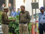 Police personnel at the Patiala House Court that received a bomb threat, in New Delhi earlier this week