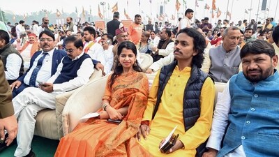 BJP MLA Maithili Thakur during the swearing-in ceremony at Gandhi Maidan, in Patna on Thursday. (ANI) BJP MLA Maithili Thakur during the swearing-in ceremony at Gandhi Maidan, in Patna on Thursday. (ANI)