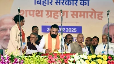 Newly sworn-in Bihar minister Samrat Choudhary signs the documents during the swearing-in ceremony, in Patna on Thursday. (ANI) Newly sworn-in Bihar minister Samrat Choudhary signs the documents during the swearing-in ceremony, in Patna on Thursday. (ANI)
