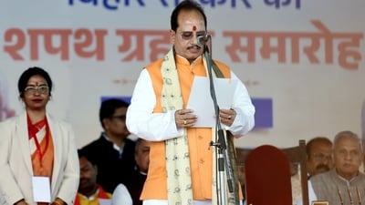 Vijay Kumar Sinha takes oath as Bihar minister during the swearing-in ceremony of the NDA government at Gandhi Maidan, in Patna (ANI) Vijay Kumar Sinha takes oath as Bihar minister during the swearing-in ceremony of the NDA government at Gandhi Maidan, in Patna (ANI)