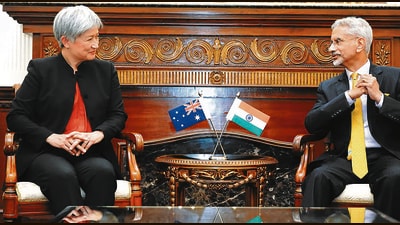 External Affairs Minister S Jaishankar with Australian Minister for Foreign Affairs Penny Wong during the 16th Foreign Ministers’ Framework Dialogue in New Delhi. (X/@DrSJaishankar)