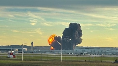 Dramatic images in the preliminary report show the engine and its pylon detaching and rocketing into the air in a fireball almost immediately after takeoff. (AFP) Dramatic images in the preliminary report show the engine and its pylon detaching and rocketing into the air in a fireball almost immediately after takeoff. (AFP)