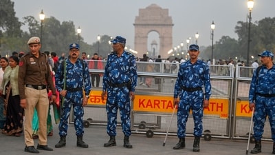 RAF personnel stand guard to maintain security at India Gate in New Delhi, on November 17, 2025, a week after the Red Fort blast. (Photo by RAJ K RAJ / Hindustan Times) RAF personnel stand guard to maintain security at India Gate in New Delhi, on November 17, 2025, a week after the Red Fort blast. (Photo by RAJ K RAJ / Hindustan Times)