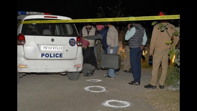 Security personnel conduct investigation at the site after an encounter in which two accused were injured, in Ludhiana, Punjab on Thursday (PTI) Security personnel conduct investigation at the site after an encounter in which two accused were injured, in Ludhiana, Punjab on Thursday (PTI)