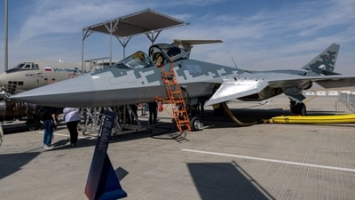 A Russian Sukhoi Su-57 stealth multirole fighter aircraft at the Dubai Air Show in Dubai, United Arab Emirates. (Bloomberg) A Russian Sukhoi Su-57 stealth multirole fighter aircraft at the Dubai Air Show in Dubai, United Arab Emirates. (Bloomberg)