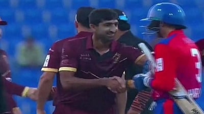 Harbhajan Singh shakes hands with Pakistan's Shahnawaz Dahani Harbhajan Singh shakes hands with Pakistan's Shahnawaz Dahani