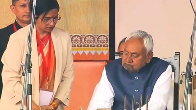 Nitish Kumar after taking oath as the Bihar Chief Minister during the swearing-in ceremony, at Gandhi Maidan in Patna. (PTI) Nitish Kumar after taking oath as the Bihar Chief Minister during the swearing-in ceremony, at Gandhi Maidan in Patna. (PTI)