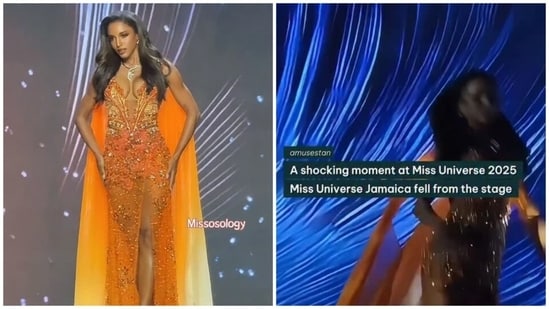 Miss Universe Jamaica 2025, Dr Gabrielle Henry was walking across the stage in an orange evening gown and high heels when she missed a step and fell off the stage. (Instagram/ Pawee Ventur and The Qrown Philippines)