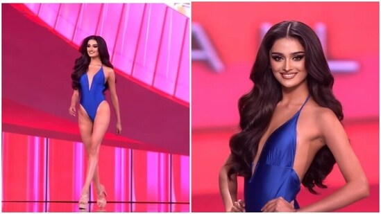 Miss India Manika Vishwakarma at the Miss Universe 2025 swimsuit round showcased her confidence and poise in a stunning electric blue one-piece swimsuit. (Instagram/ Manika Vishwakarma)