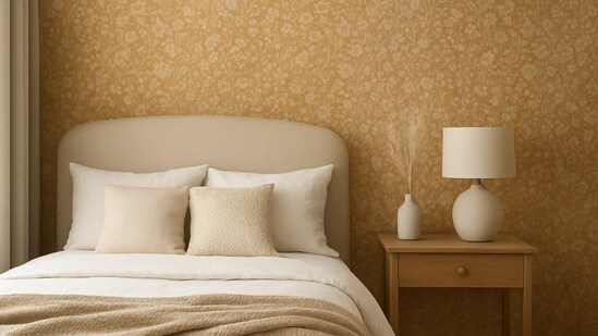 Soft patterned wallpaper brings gentle colour and texture to a calm room that feels refreshed with very little effort. (AI Generated)