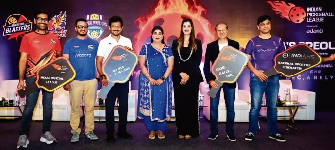 (L-R) Vasanth Kalyan of Bengaluru Blasters, Ajay Pratap Singh of Mumbai Smashers, Thiru Udhayanidhi Stalin, Deputy Chief Minister of Tamil Nadu, Swetha Sundeep of Chennai Super Warriors, Aishwarya Bansal of Gurgaon Capital Warriors, Times Group MD Vineet Jain and Anubhav Tyagi of Hyderabad Royals (L-R) Vasanth Kalyan of Bengaluru Blasters, Ajay Pratap Singh of Mumbai Smashers, Thiru Udhayanidhi Stalin, Deputy Chief Minister of Tamil Nadu, Swetha Sundeep of Chennai Super Warriors, Aishwarya Bansal of Gurgaon Capital Warriors, Times Group MD Vineet Jain and Anubhav Tyagi of Hyderabad Royals